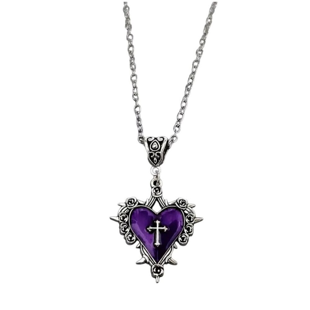 Purple Violet Enamel Thorn Heart Cross Pendant Necklace Silver Tone